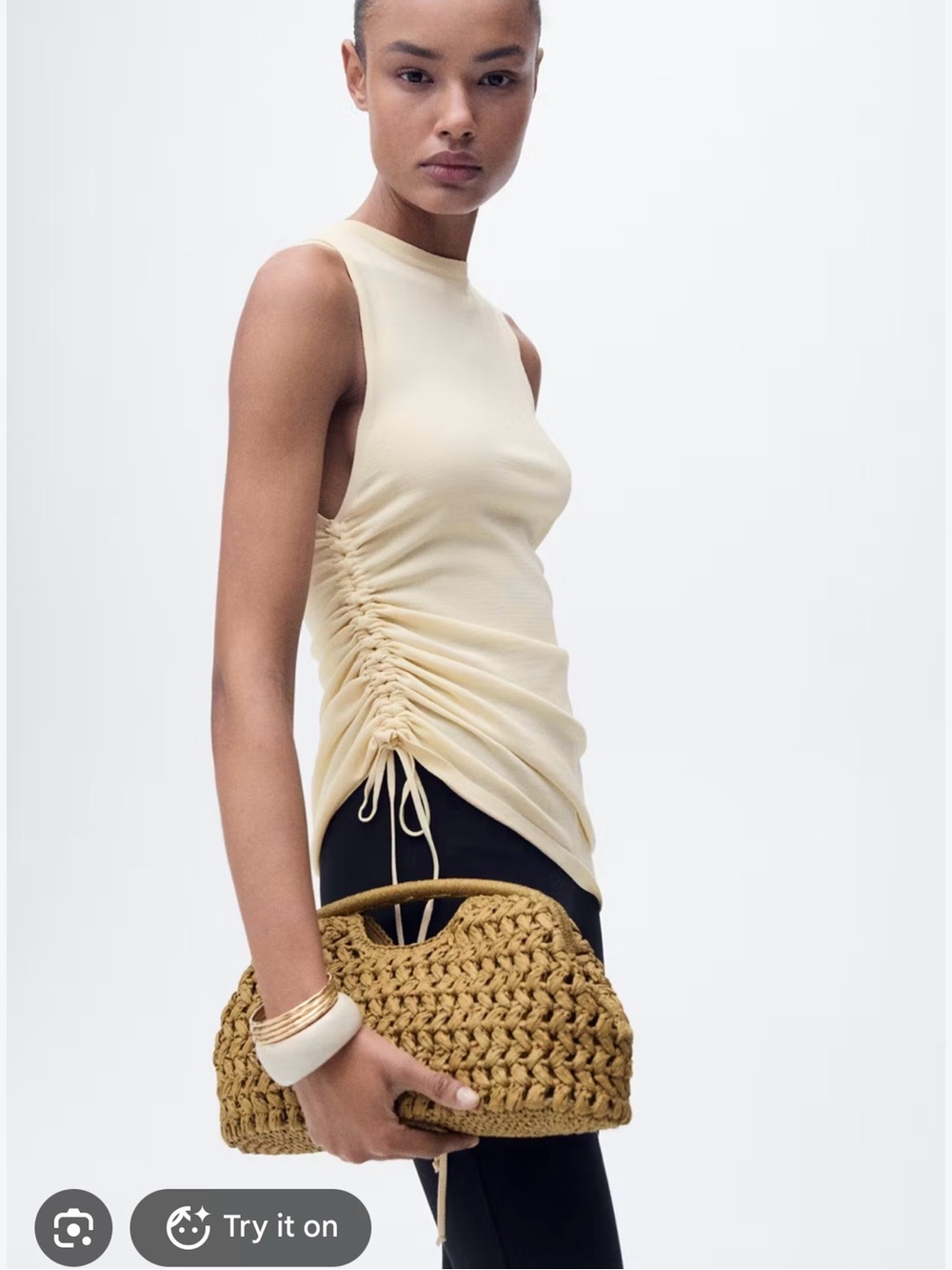 Mango side gathered knitted Top - Pale Yellow-S